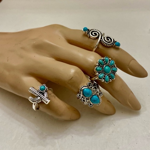 Vintage 4pc Silver Tone- Faux Turquoise Rings (I) - Picture 6 of 13